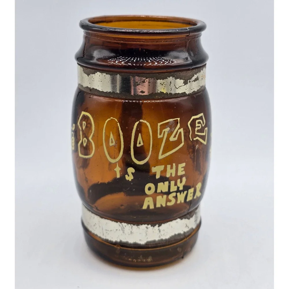 Vintage 70s Siesta Ware Amber Glass Barrel Mug Booze Is The Only Answer Woo